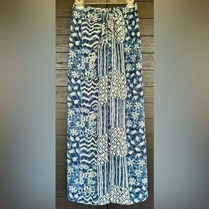 **MODA INTL**Tie-Front Semi-Sheer Pool/Beach Pants Patterned Blue Patchwork, XS